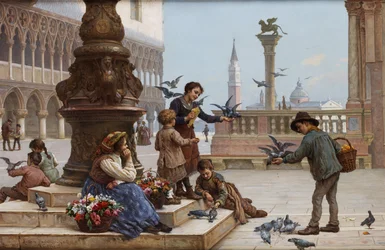 Enfants nourrissant des pigeons à Venise